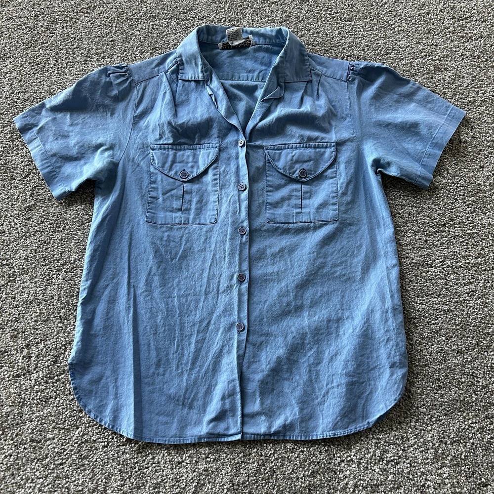 Kimo Sabe Shirt Womens Medium Blue Short Sleeve Button Up Collared Cotton Top